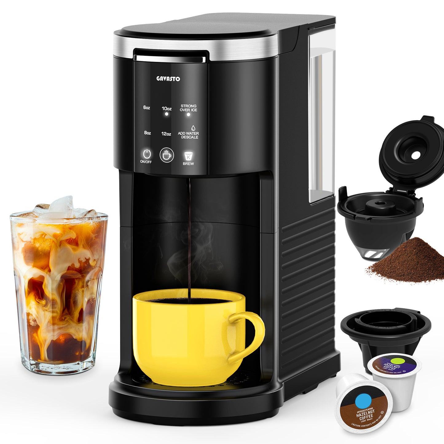 GAVASTO Pods & Grounds Single-Serve Coffee Maker, K-Cup Pod Compatible, Hot and Iced Coffee Maker with 40-oz. Reservoir, 6 to 12 oz. Cup Size, Descaling Reminder and Self Cleaning, Strong Brew Modes