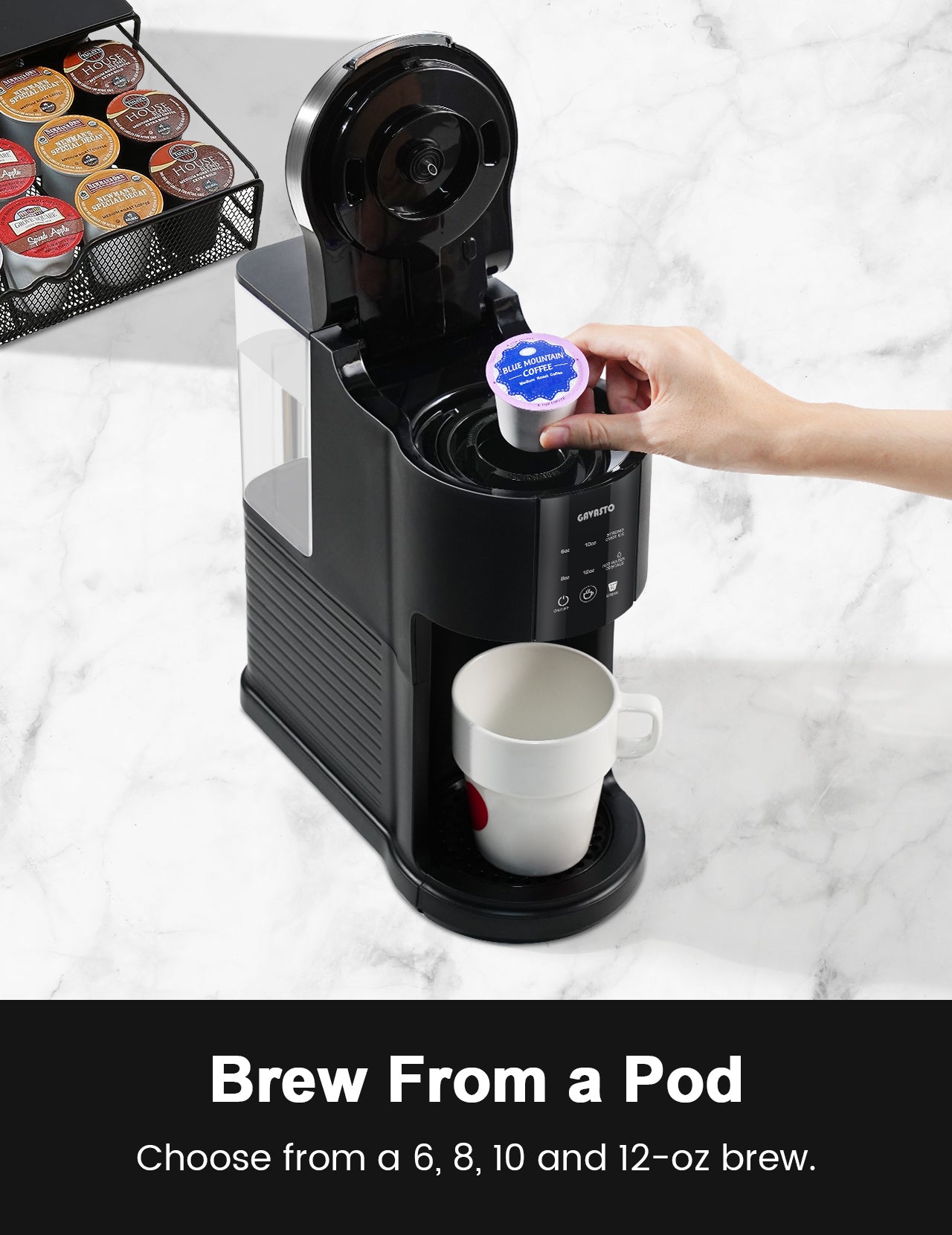 GAVASTO Pods & Grounds Single-Serve Coffee Maker, K-Cup Pod Compatible, Hot and Iced Coffee Maker with 40-oz. Reservoir, 6 to 12 oz. Cup Size, Descaling Reminder and Self Cleaning, Strong Brew Modes