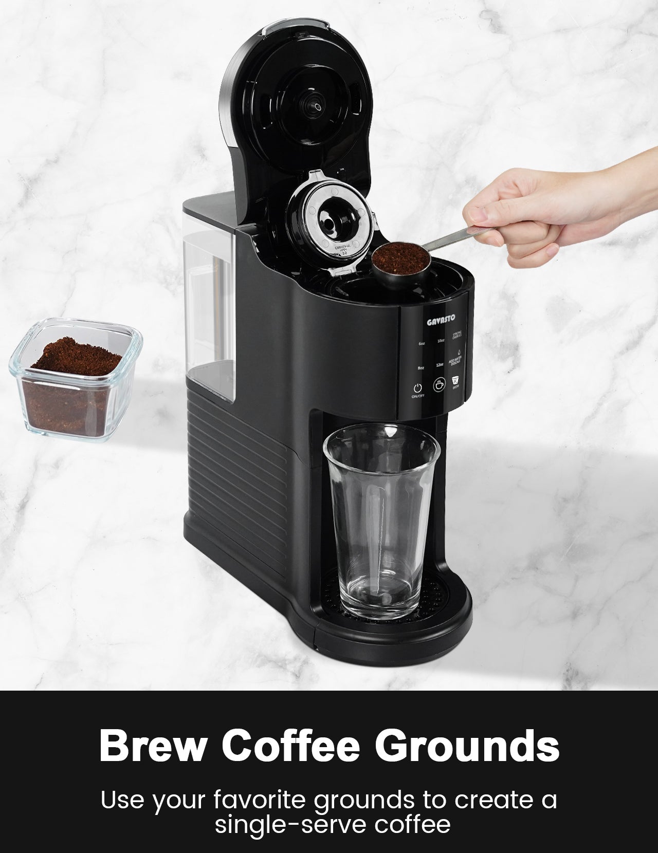GAVASTO Pods & Grounds Single-Serve Coffee Maker, K-Cup Pod Compatible, Hot and Iced Coffee Maker with 40-oz. Reservoir, 6 to 12 oz. Cup Size, Descaling Reminder and Self Cleaning, Strong Brew Modes